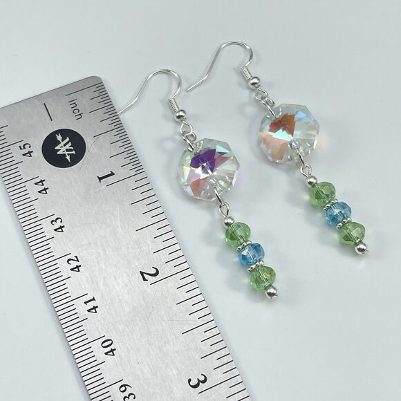 Sterling Silver Plated White AB Green Blue Glass Beaded Dangle Earrings Unique - Picture 7 of 7